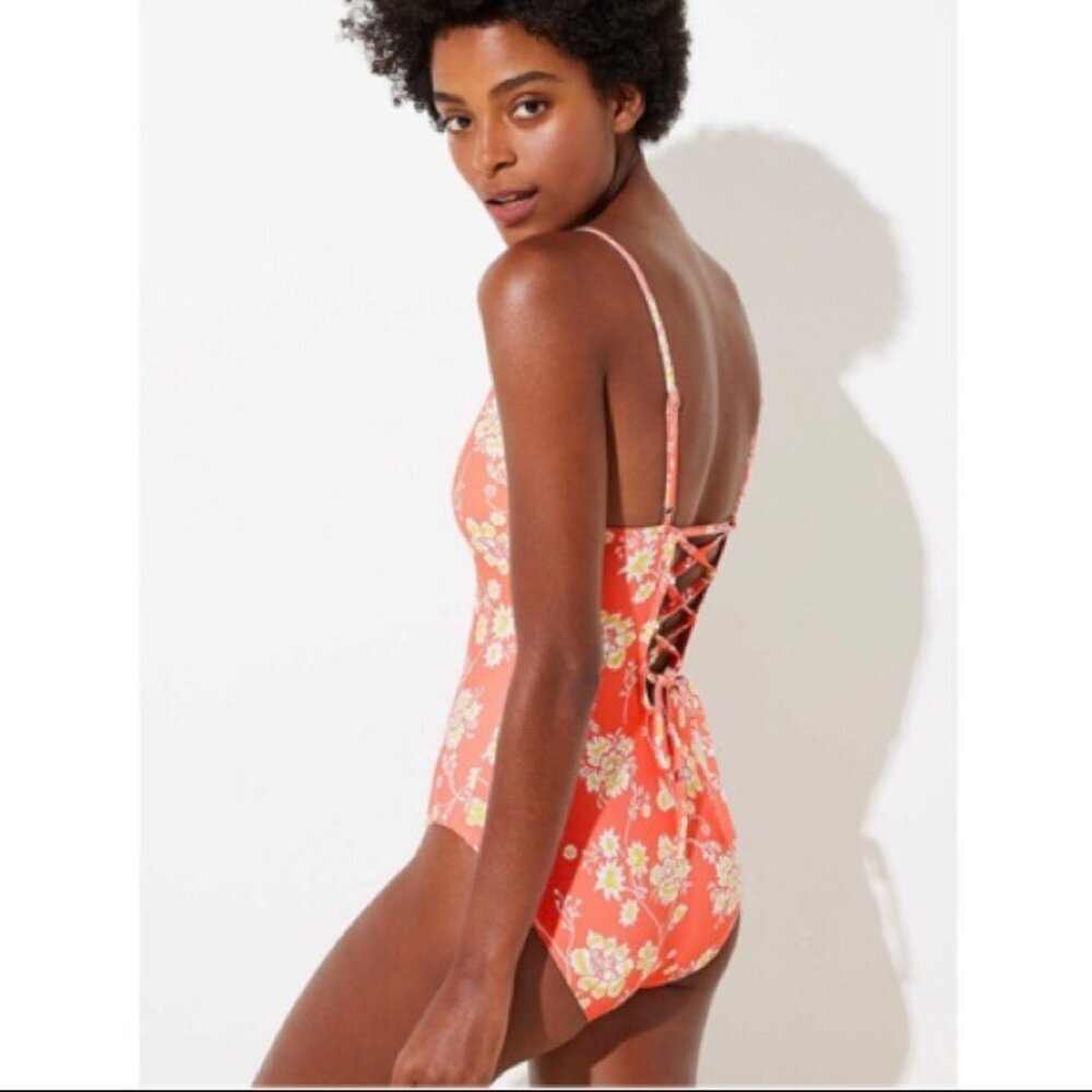 LOFT Beach Coral with Flowers One Piece Swimsuit, Large, NWOT